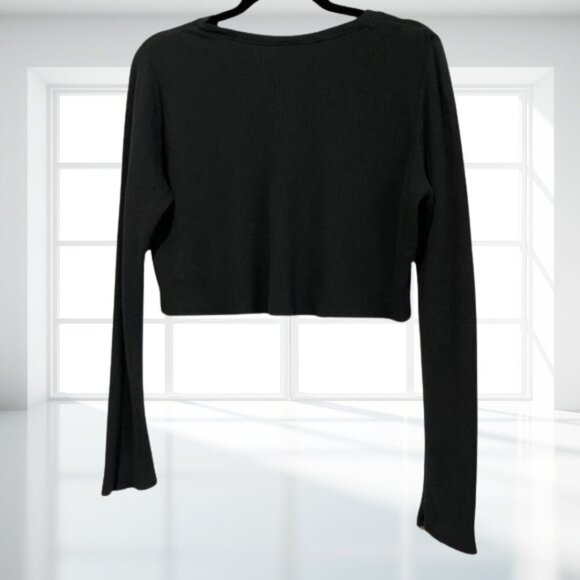 Urban Outfitters Black Waffle Knit Distressed Crop Top Raw Hem Pocket Grunge - Picture 2 of 9